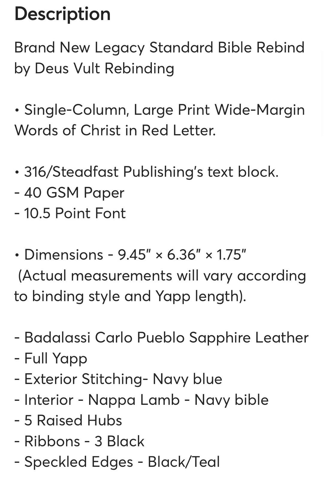 LSB Large Print- Wide Margin Badalassi Carlo Pueblo Sapphire Bible – Rebind