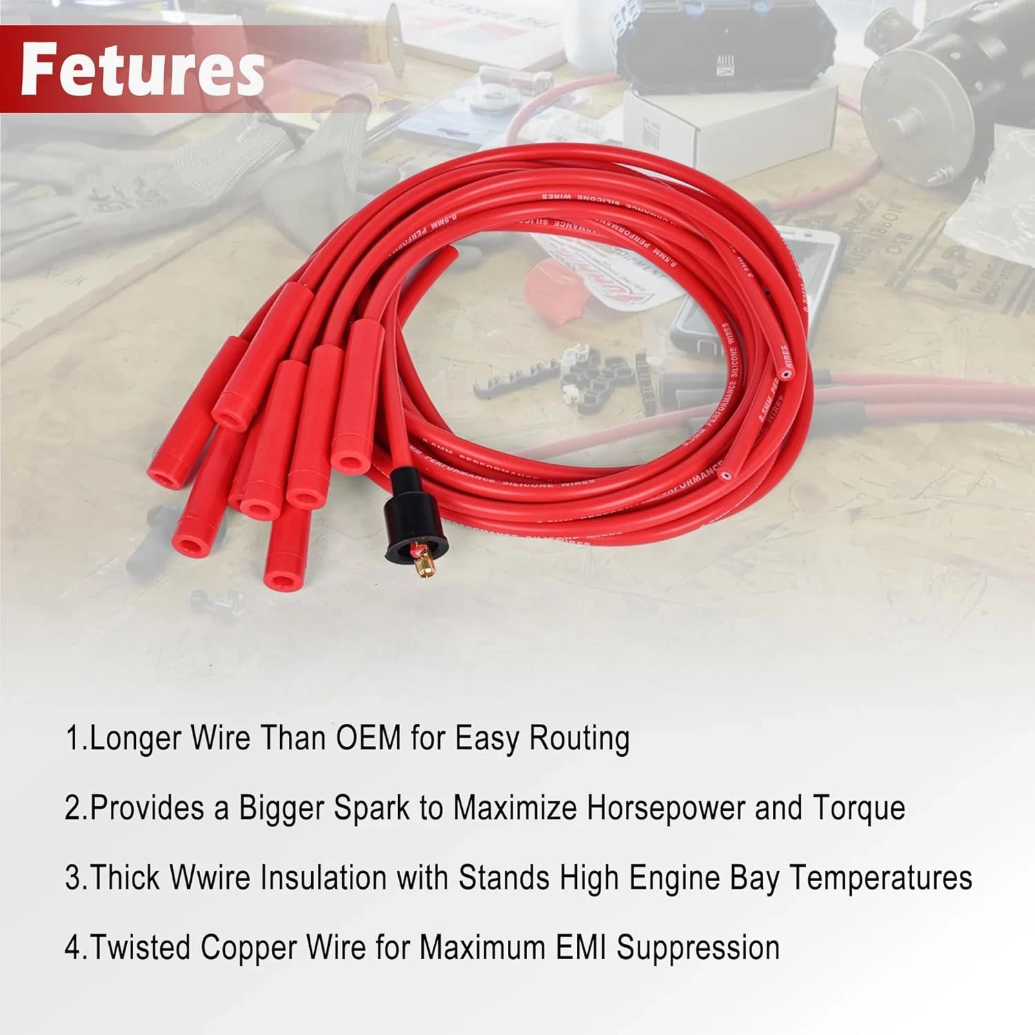 Universal Spark Plug Wire Set 8.5mm Spark Plug Wires with Red HEI Straight Boot