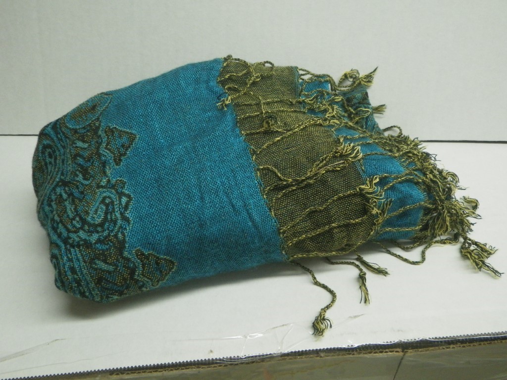 Unbranded Used Teal Tapestry Scarf With Fringe Details Blue Gold Rich Colorful