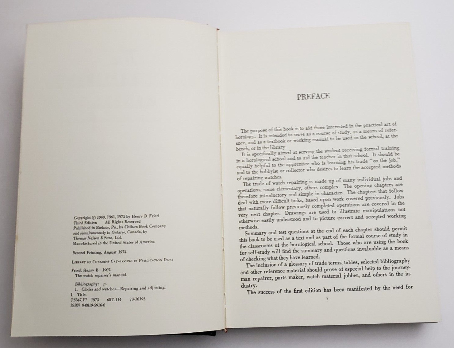 1973 The Watch Repairer’s Manual Henry B. Fried Third Edition No Jacket