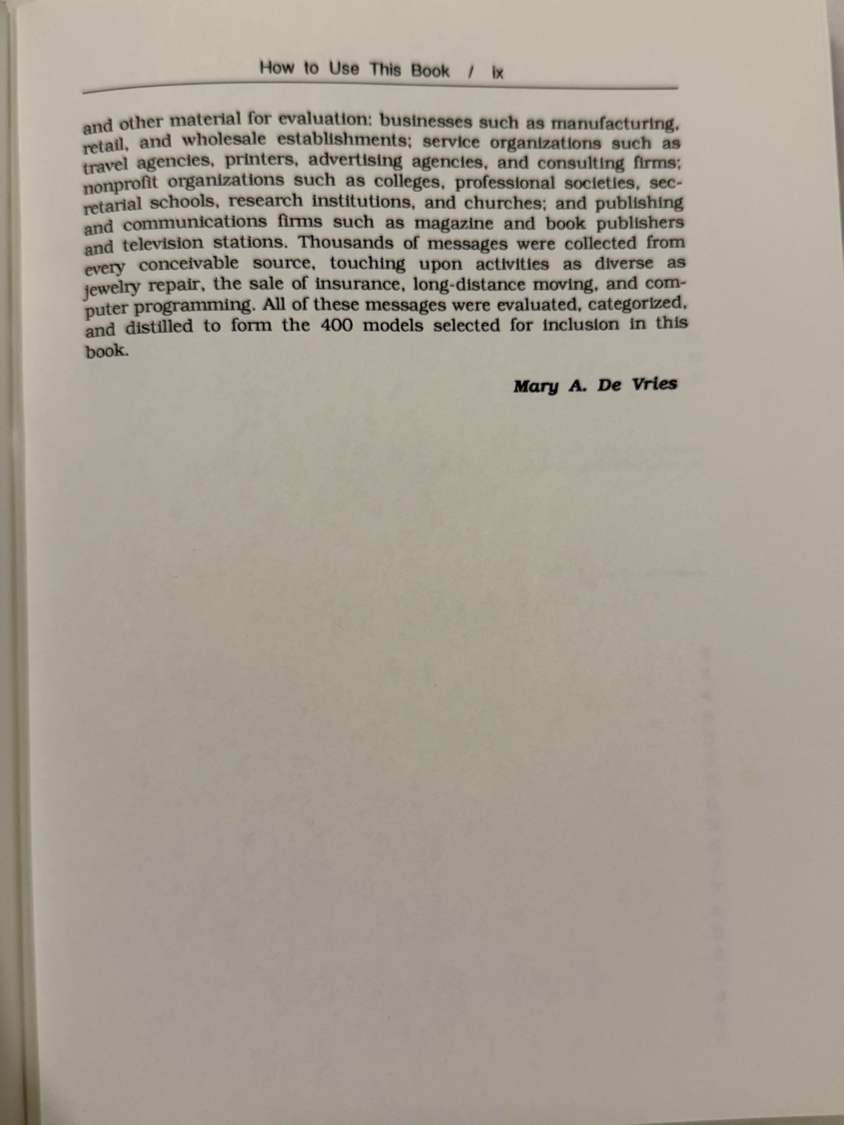 THE PRENTICE HALL COMPLETE BOOK OF MODEL LETTERS, MEMOS By De Mary A. Vries 1993