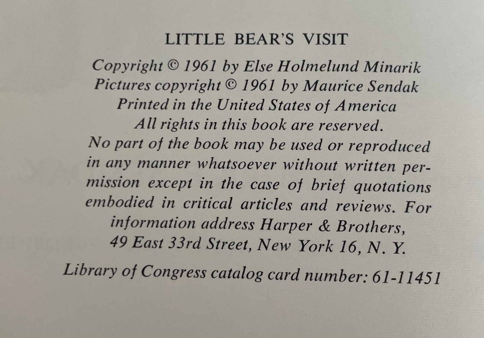 Little Bear’s Visit -1961 Early Edition- by Else Minarik / Maurice Sendak- HC/DJ