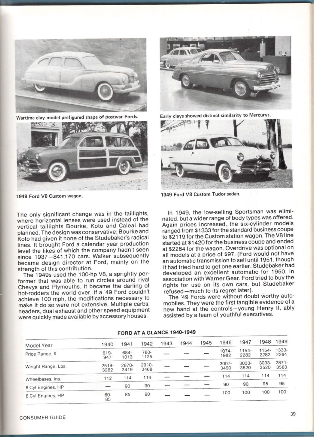 Cars Of The 40s By The Editors Of Consumer Guide 98 Pages 200 Photos Like New