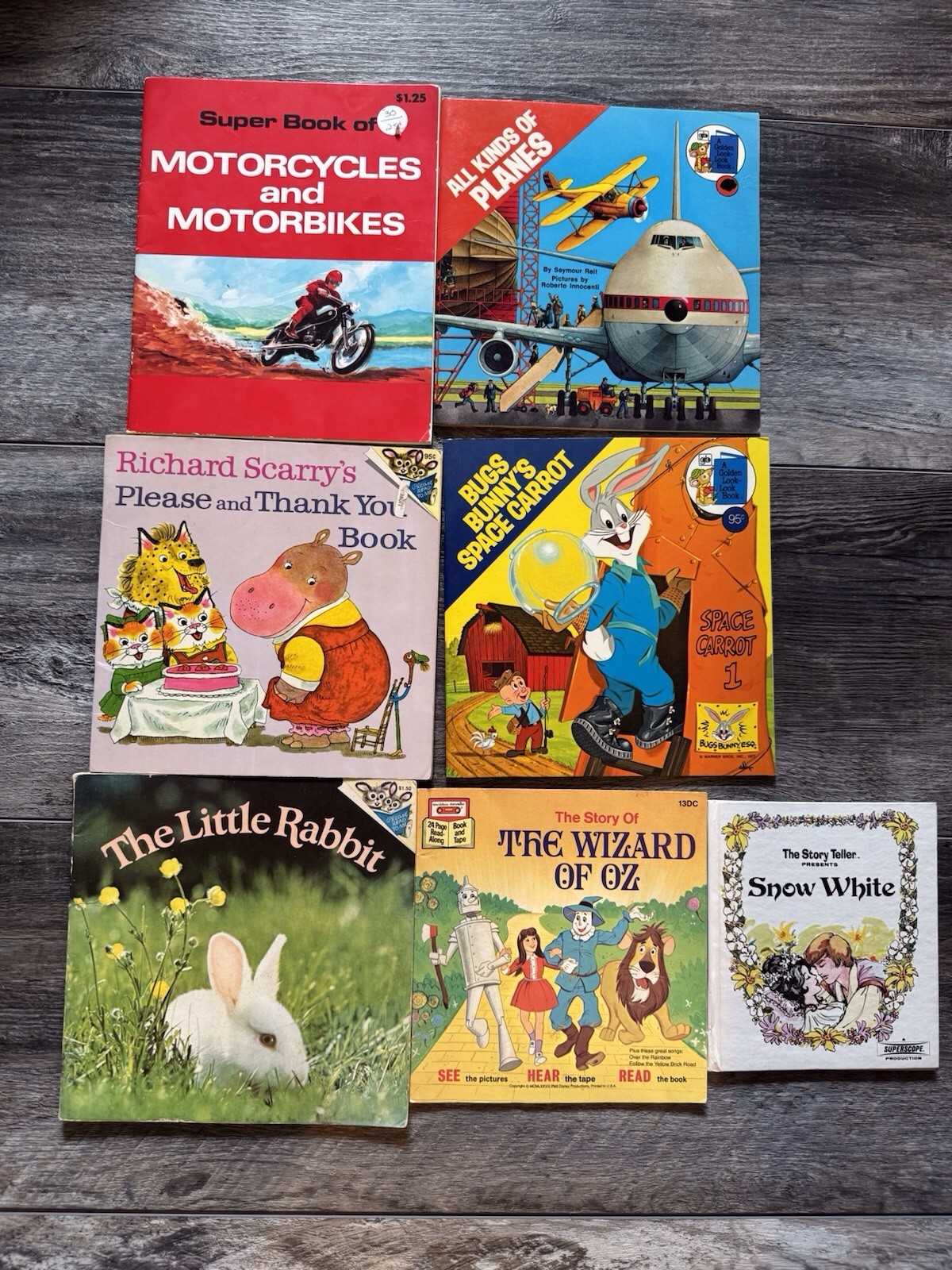 7 Vintage Childrens Books 1970’s Bugs Bunny, Planes, Motorcycles, Wizard Of Oz