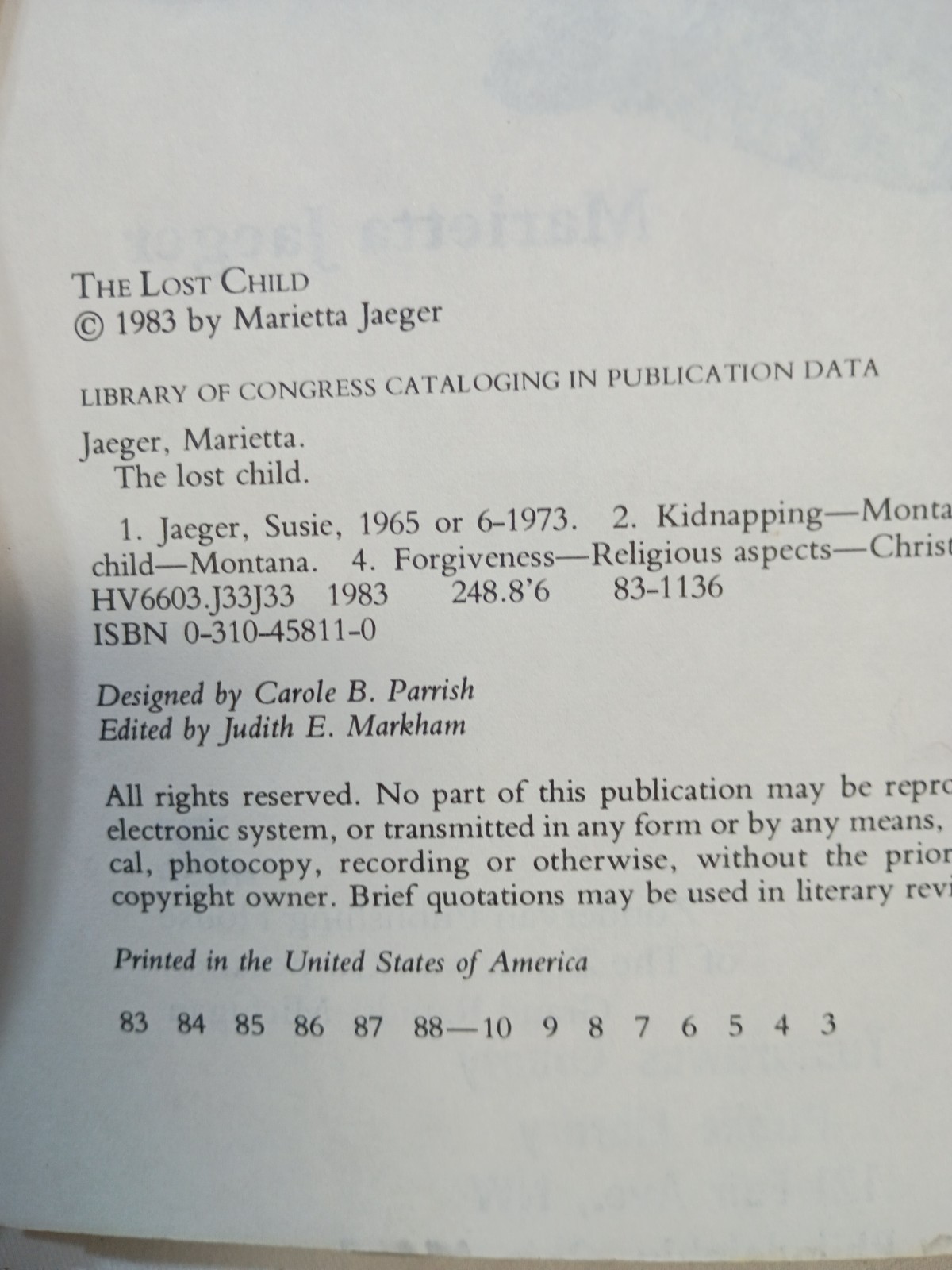 The Lost Child A True Story Marietta Jaeger Pb 1983 Ex Library
