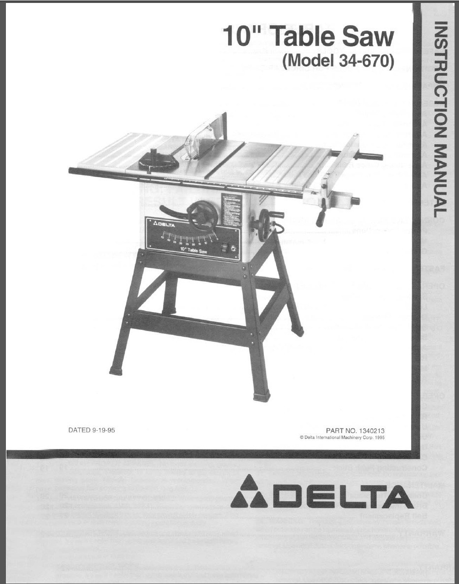 Delta 10″ Table Saw (Model 34-670) Manual: 23 Page, Black & White, Coil Bound
