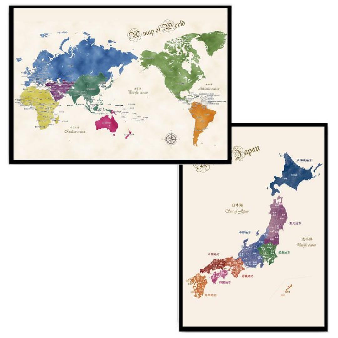 Antique Style World & Japan Map Posters Set A3 Educational Matte Paper 2pcs