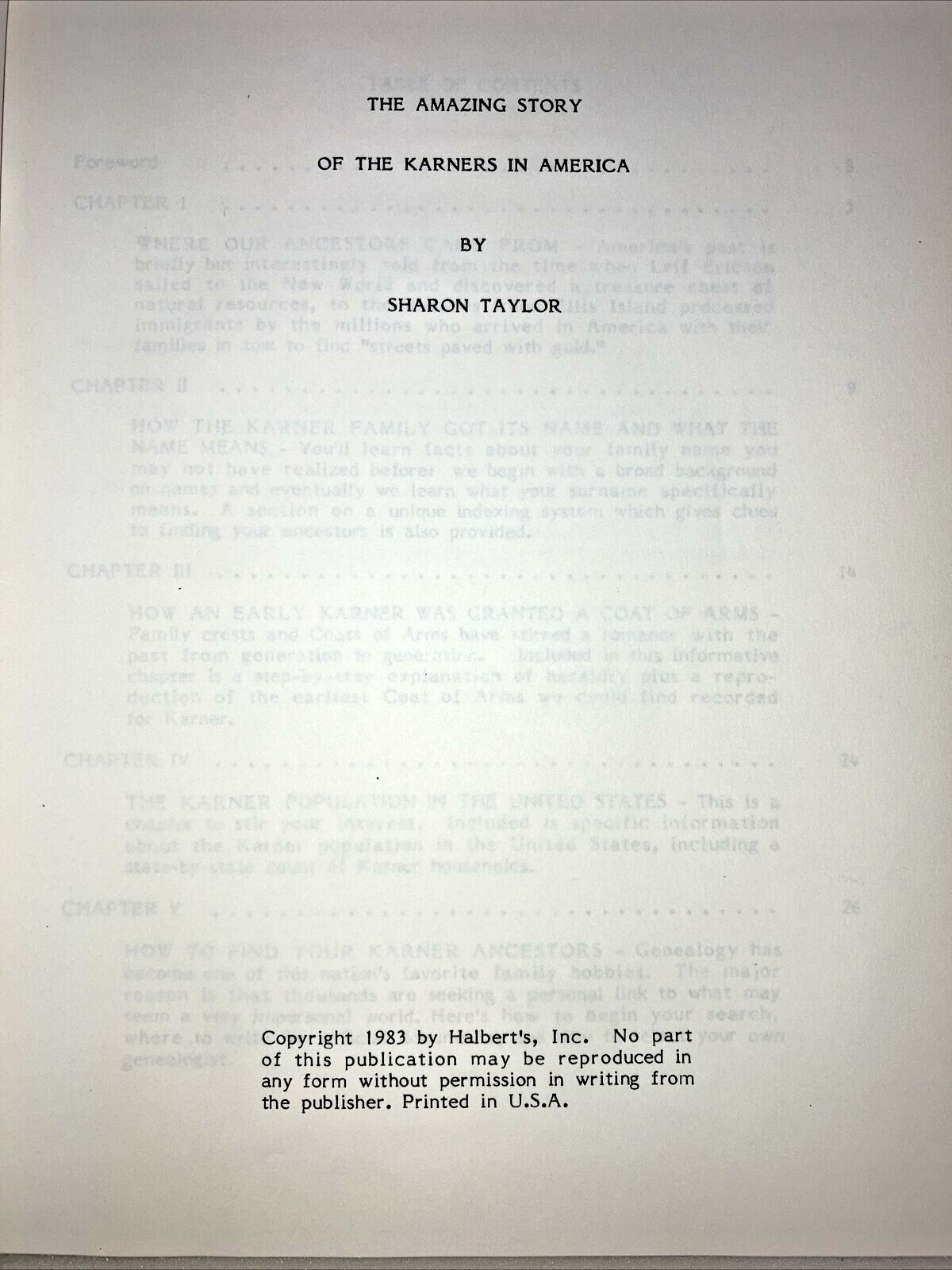 The Amazing Story of the Karners in America 1983 Sharon Taylor Genealogy 1st ED