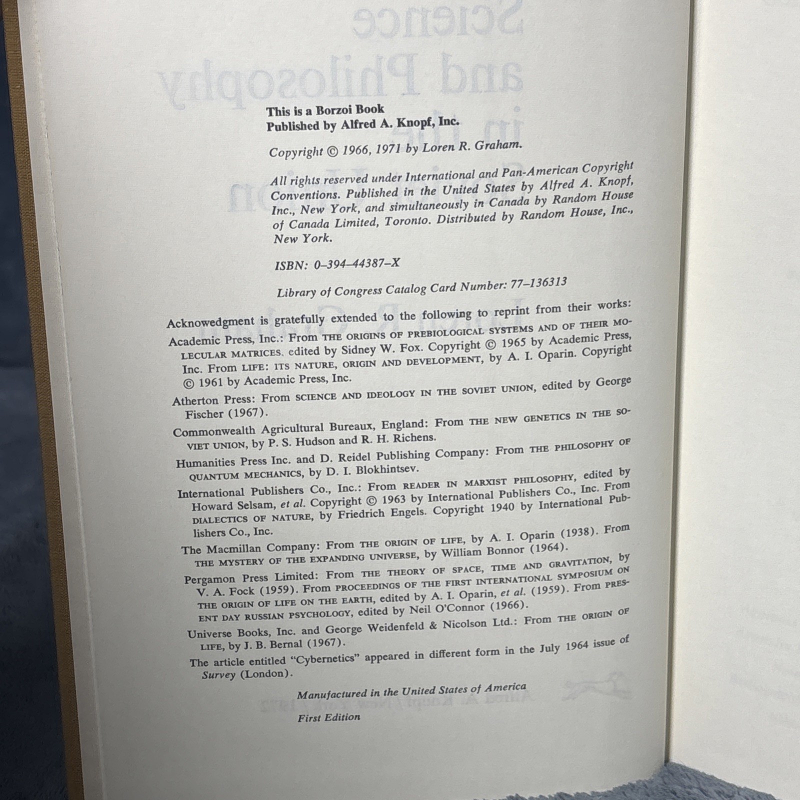 SCIENCE AND PHILOSOPHY IN THE SOVIET UNION By Loren R Graham 1st ed