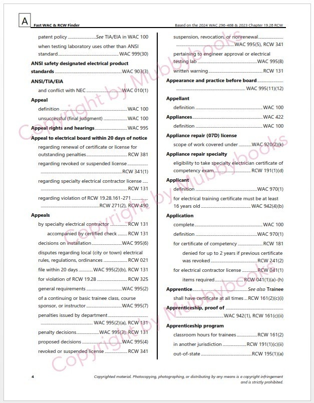 Fast WAC RCW Finder-2025 ed.-Keyword Index WA State Electrical Exam-AUTHENTIC