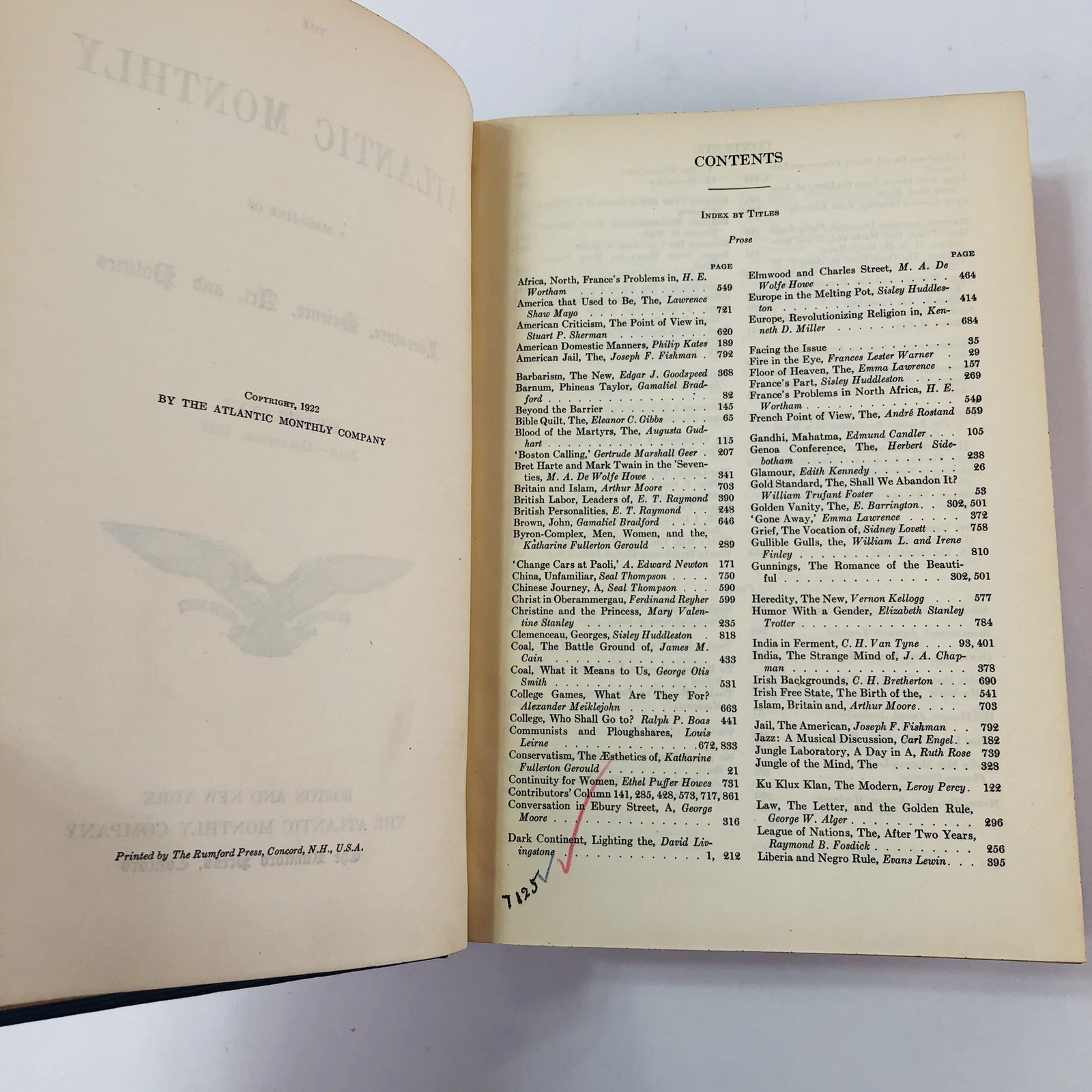 The Atlantic Monthly 1922 Magazine Book Bound Hardbound Volume 129-130