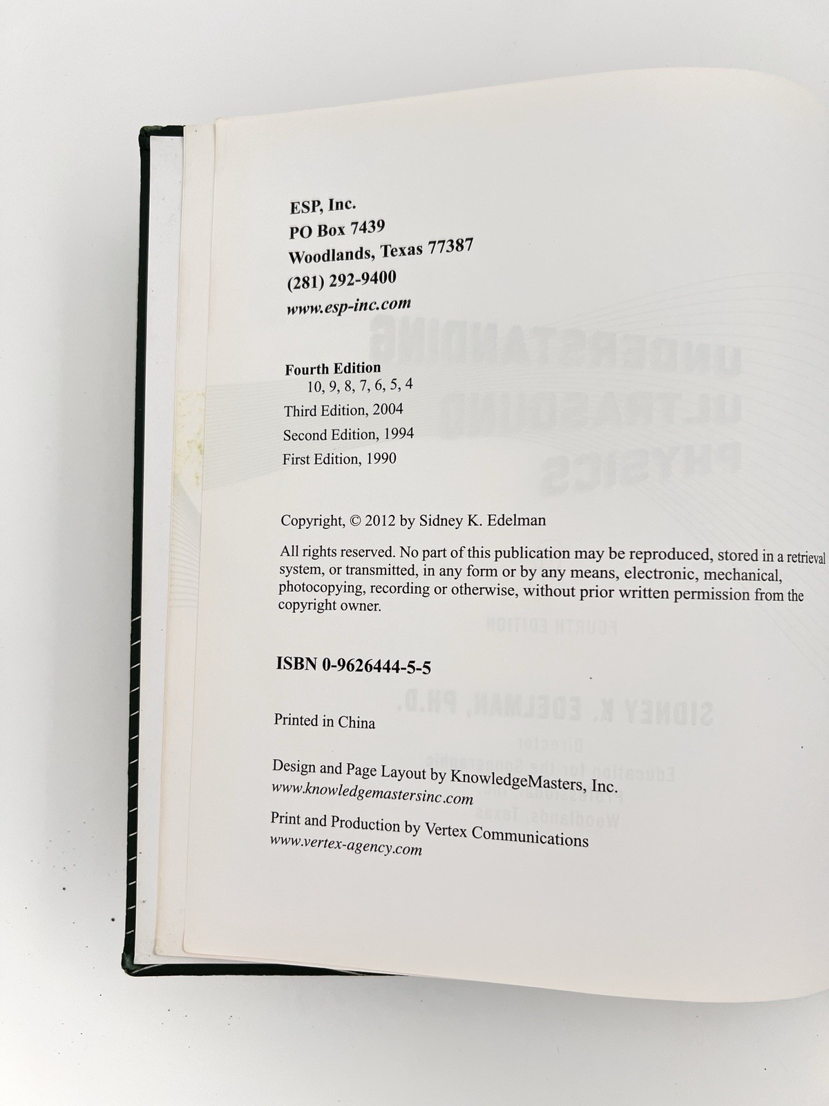 Understanding Ultrasound Physics Fourth Edition Hardcover Sidney K. Edelman 2012