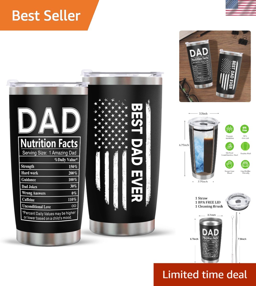 Durable 20oz Stainless Steel Tumbler – Birthday Gifts for Dad with Leakproof Cap