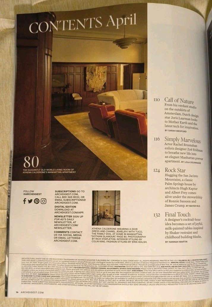 Architectural Digest AD Magazine Apr April 2026 NEW Athena Calderone Manhattan
