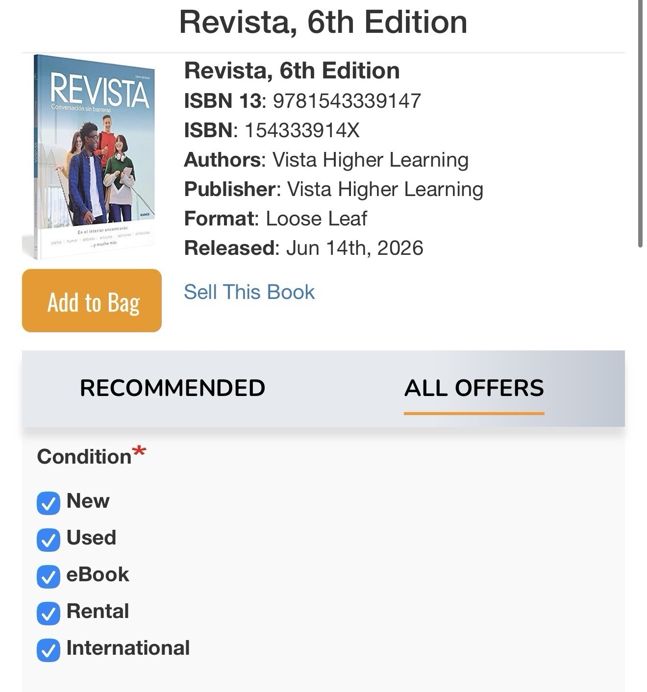 Revista 6th Edition Vista Higher Learning 9781543339147 Spanish Book Loose Leaf