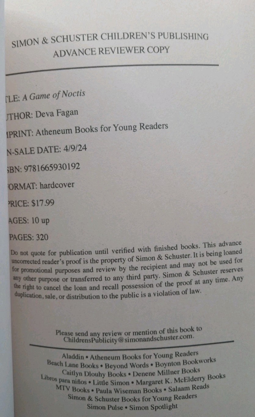 A Game of Noctis by Deva Fagan ARC (Uncorrected Proof) YA Fantasy Paperback