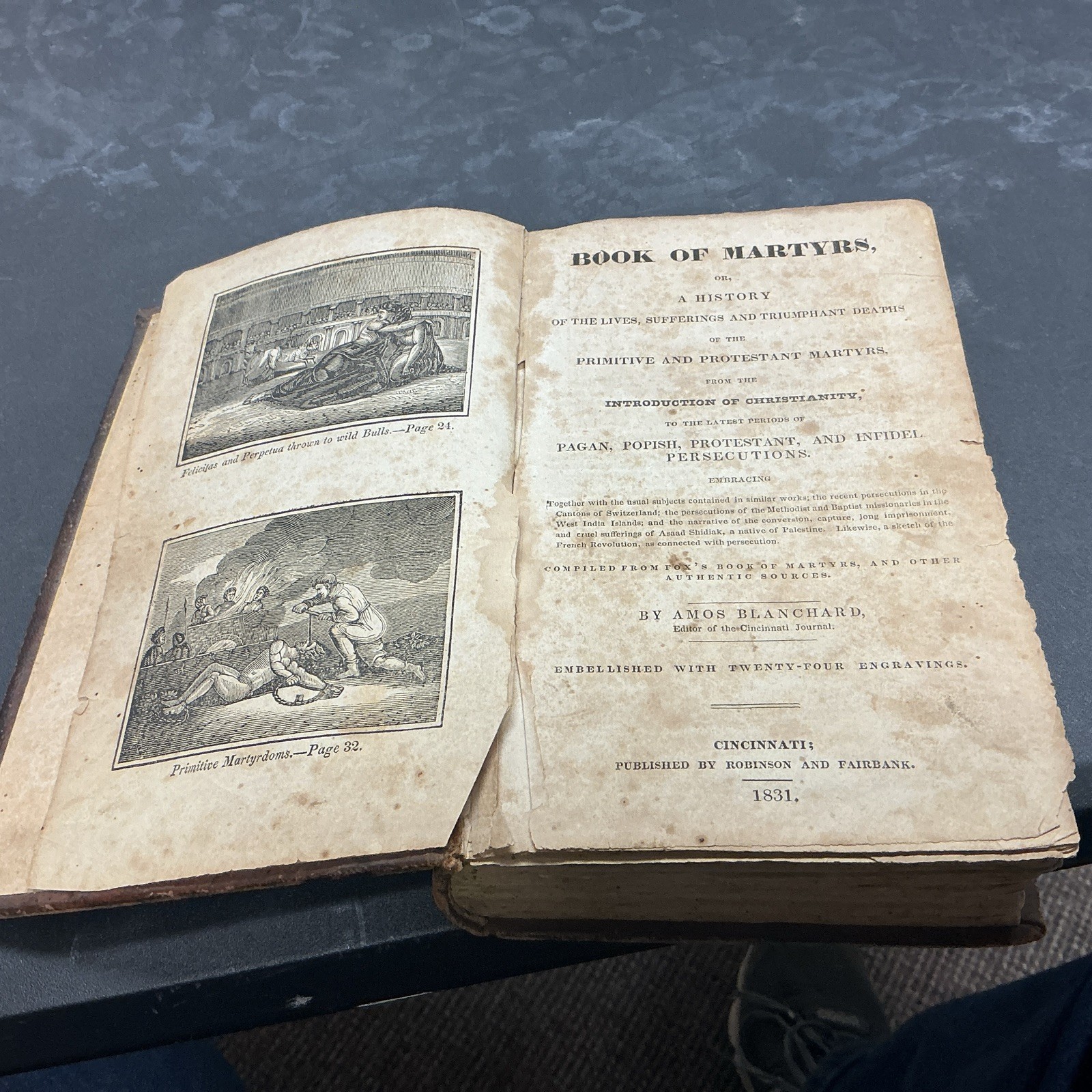 Amos Blanchard “Book of Martyrs” HC leather bound 1831 512 pages