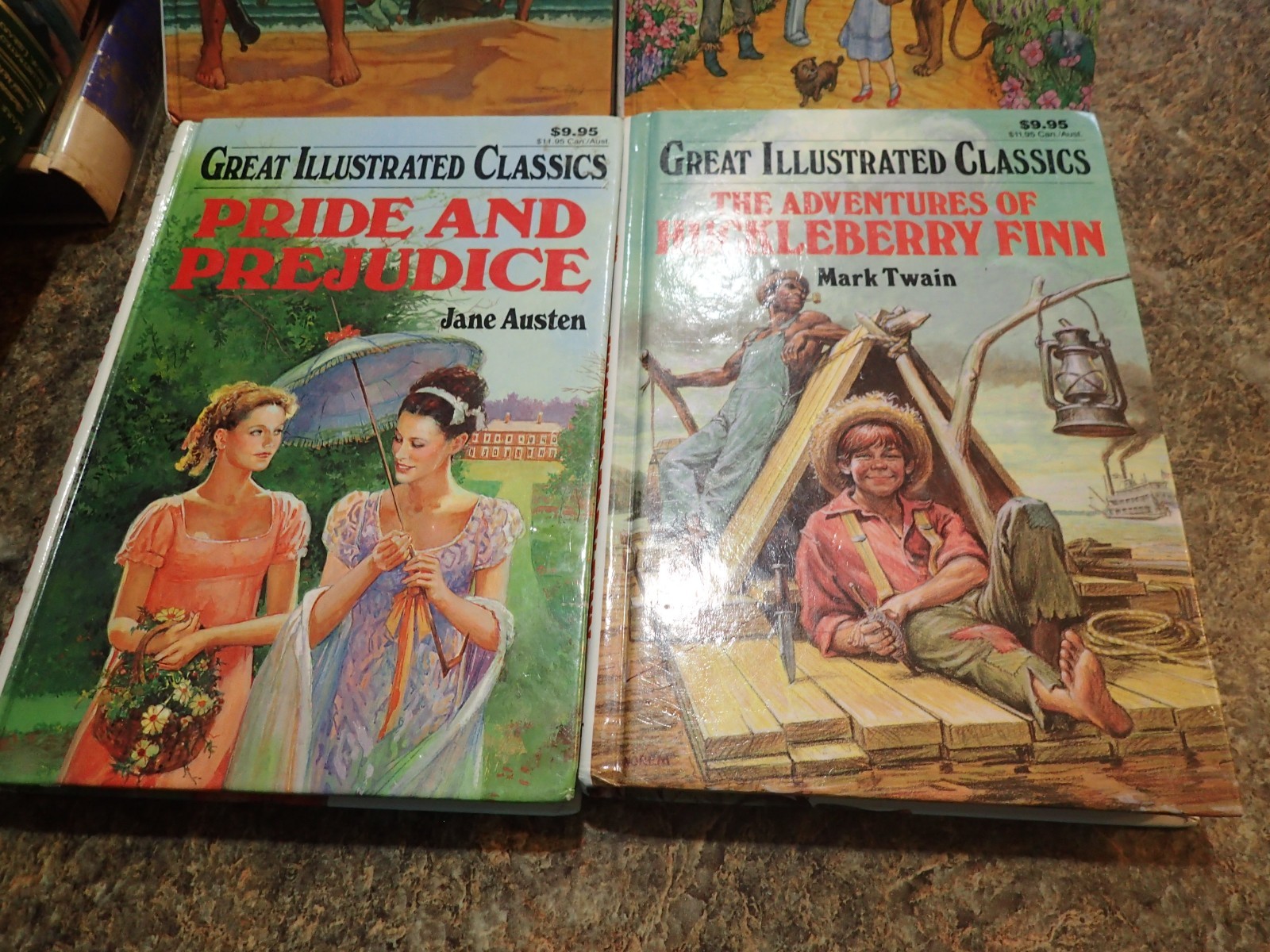 4 BOOK LOT Great Illustrated Classics hardcovers Oz Huckleberry Finn Treasure