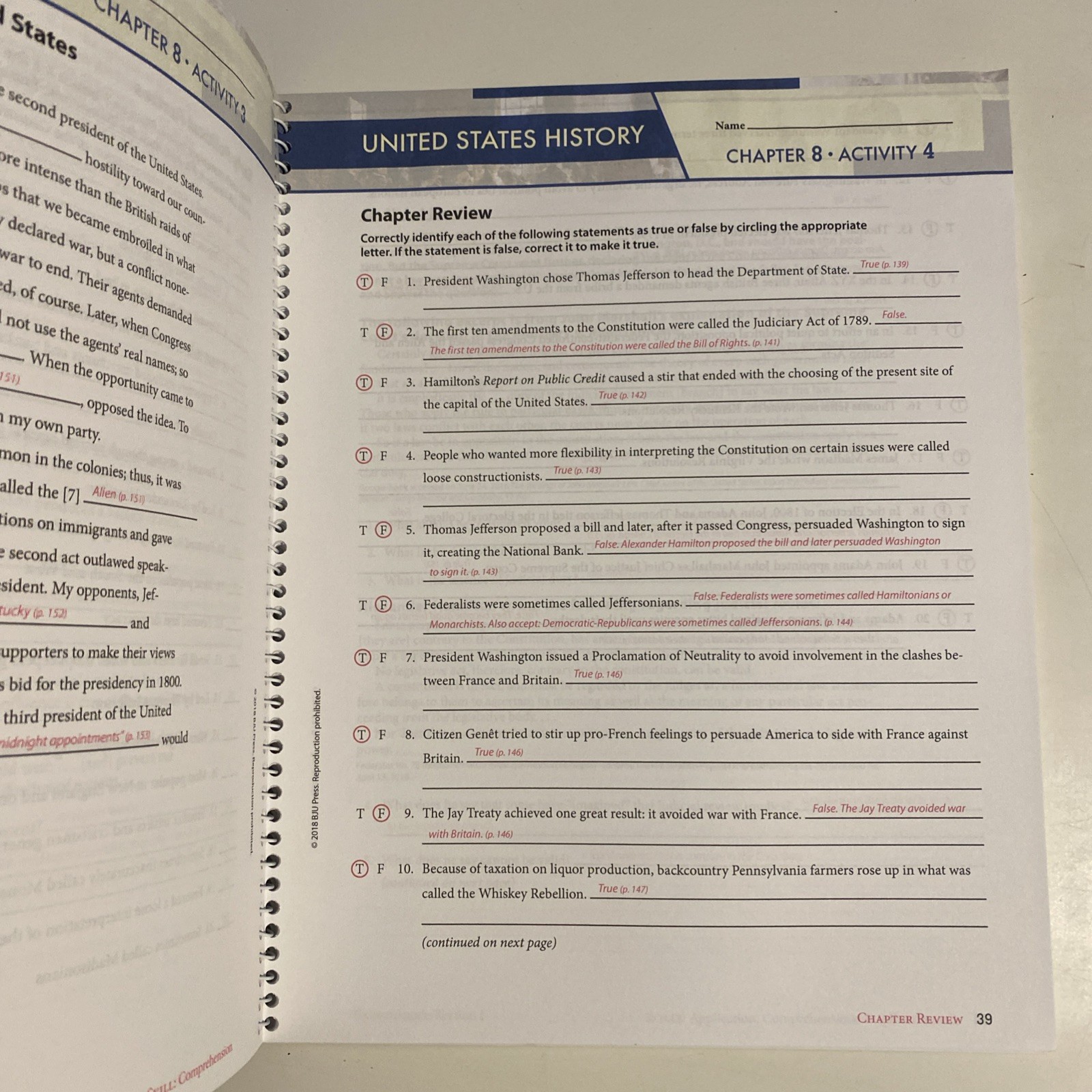 BJU Press United States History Student Activity & Answer Key No Writing