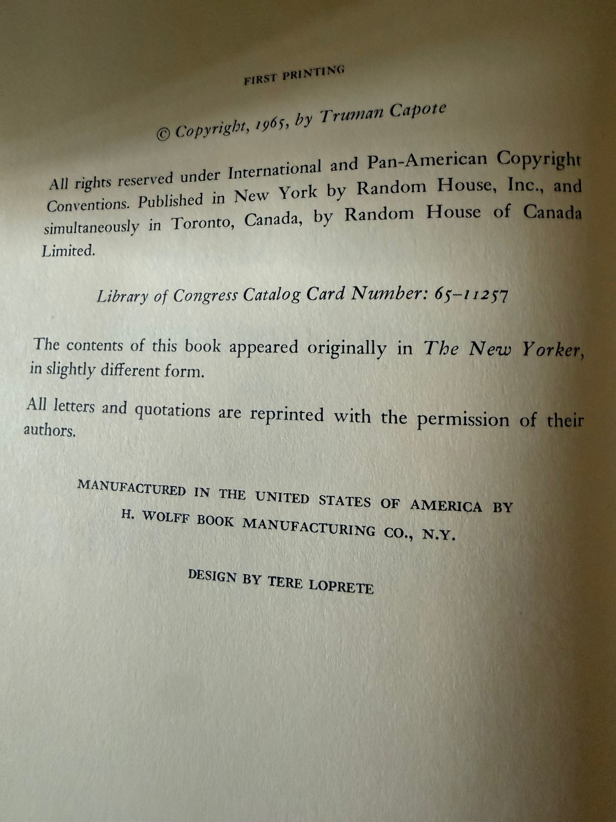 In Cold Blood Truman Capote First Edition First Printing