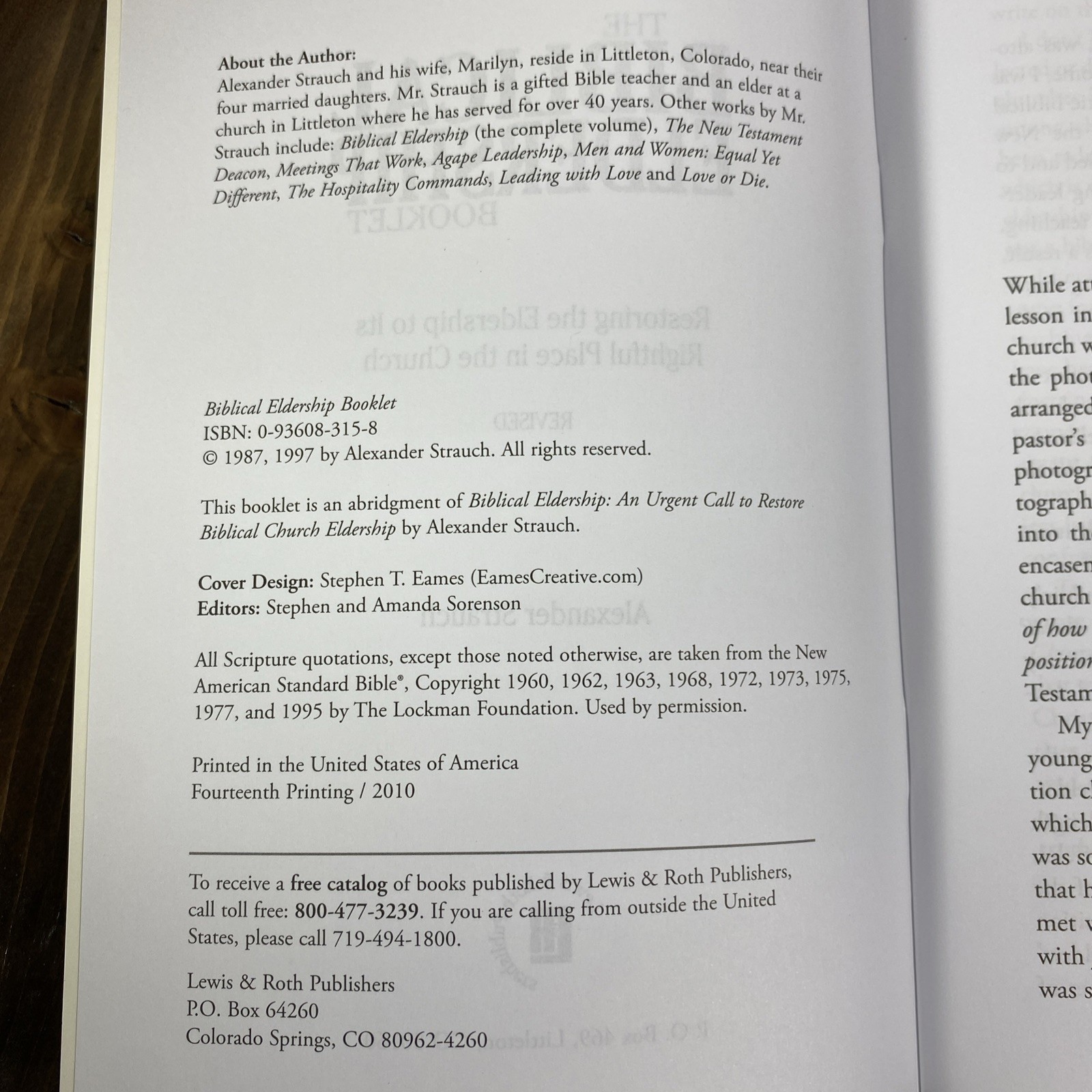 Biblical Eldership Booklet: Restoring The Eldership..Alexander Strauch 1997