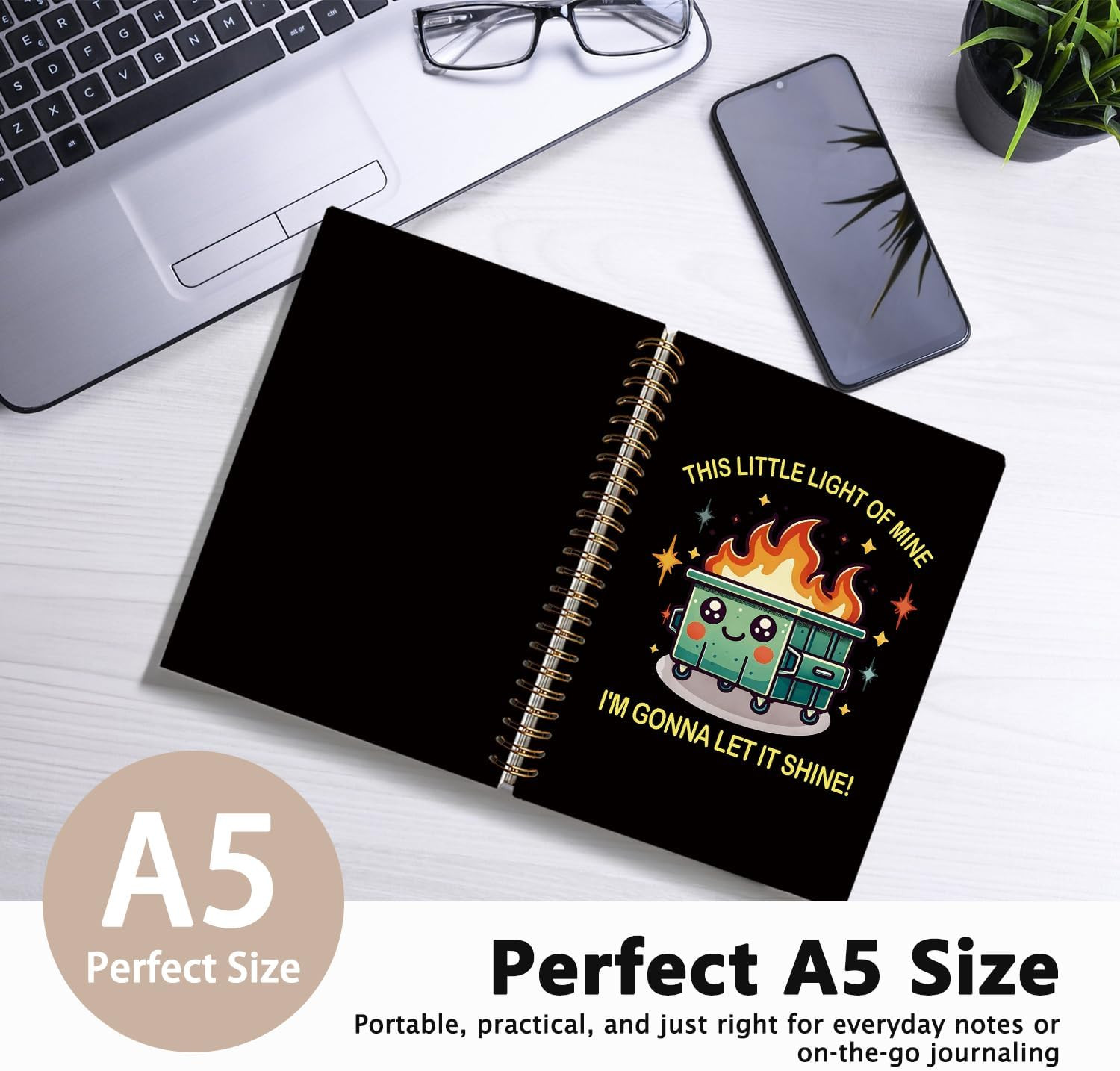 Humorous Dumpster Fire Notebook Journal, 160 Pages, Black Hardcover, 5.5×8.3 Inc