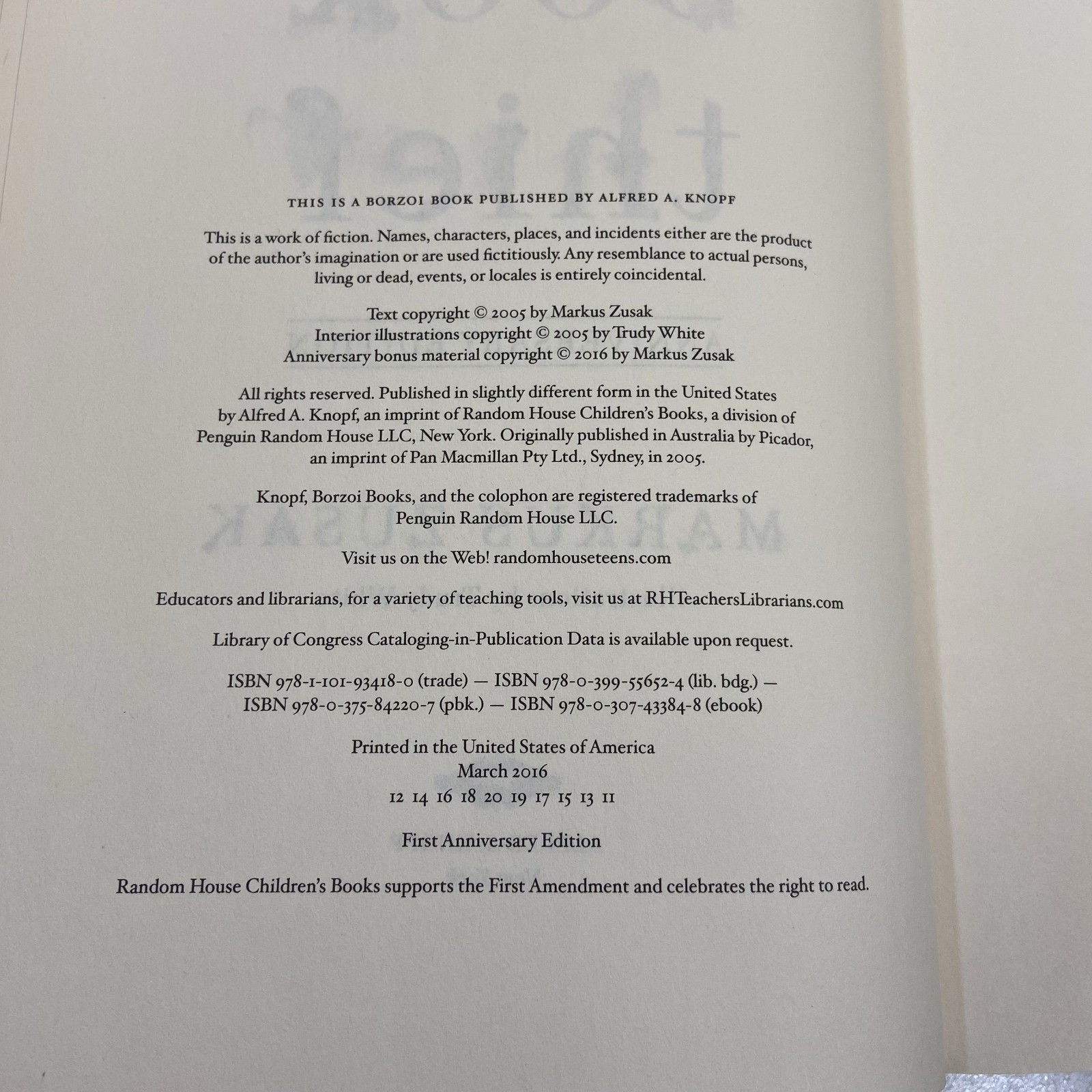 Markus Zusak Book Thief B&N Exclusive 1st Anniversary Edition SIGNED 2016 HCDJ