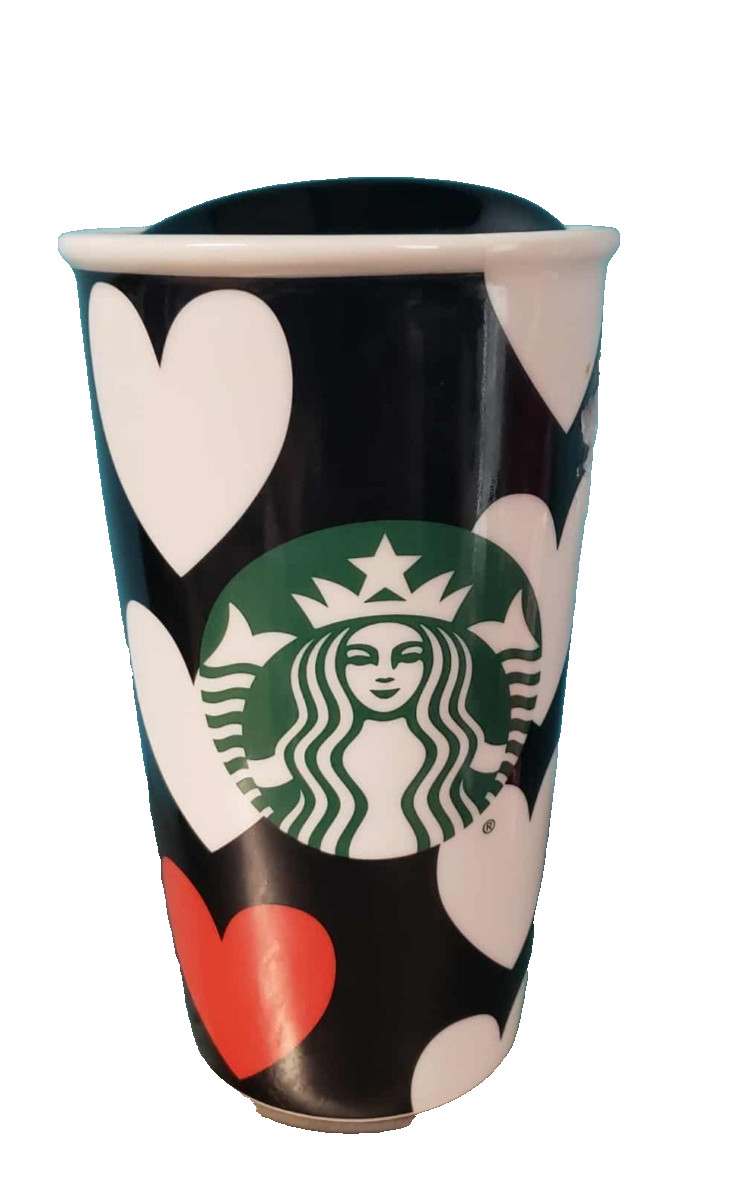 Starbucks 12 oz Ceramic Tumbler/Coffee Mug With Lid, Black & White Hearts, 2015