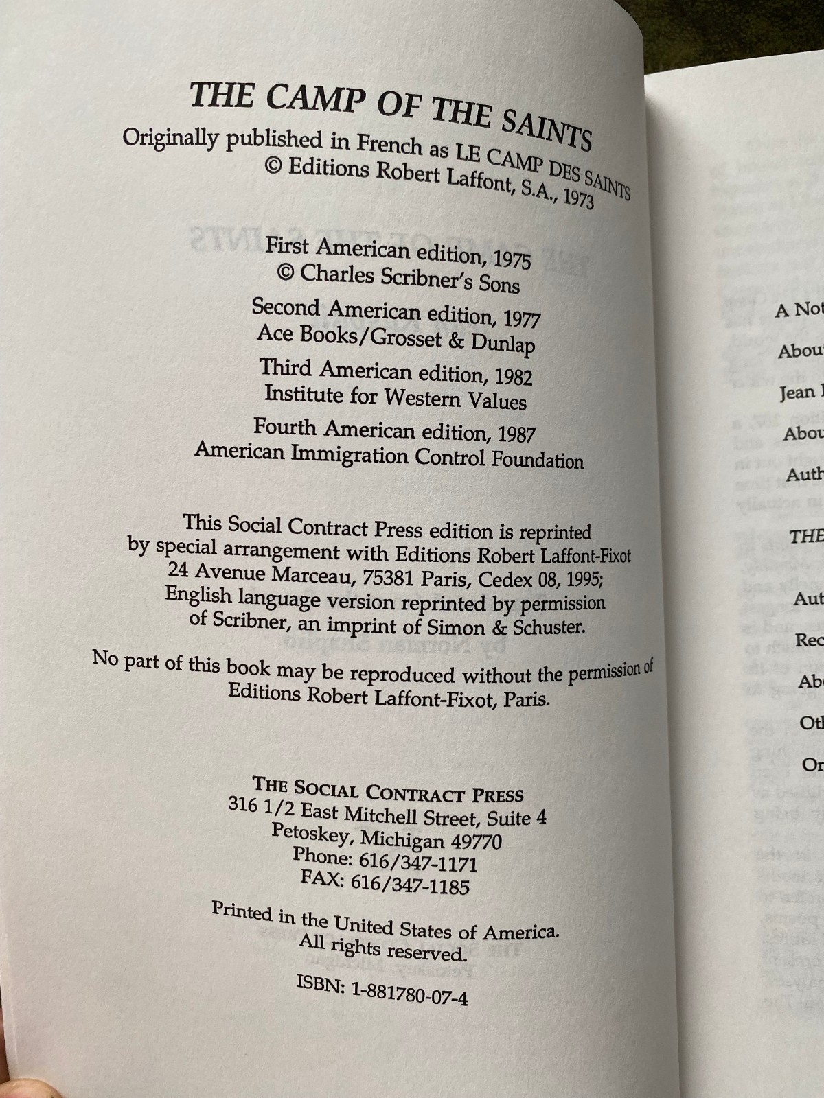 The Camp of the Saints Jean Raspail (English Paperback) Social Contract Edition