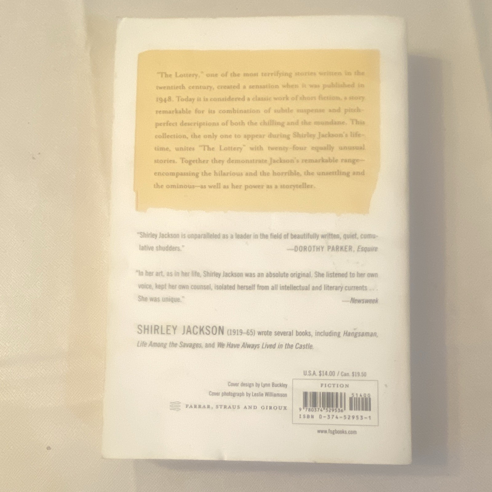 Shirley Jackson The Lottery Paperback Fiction FSG Classics Farrar Straus Intro
