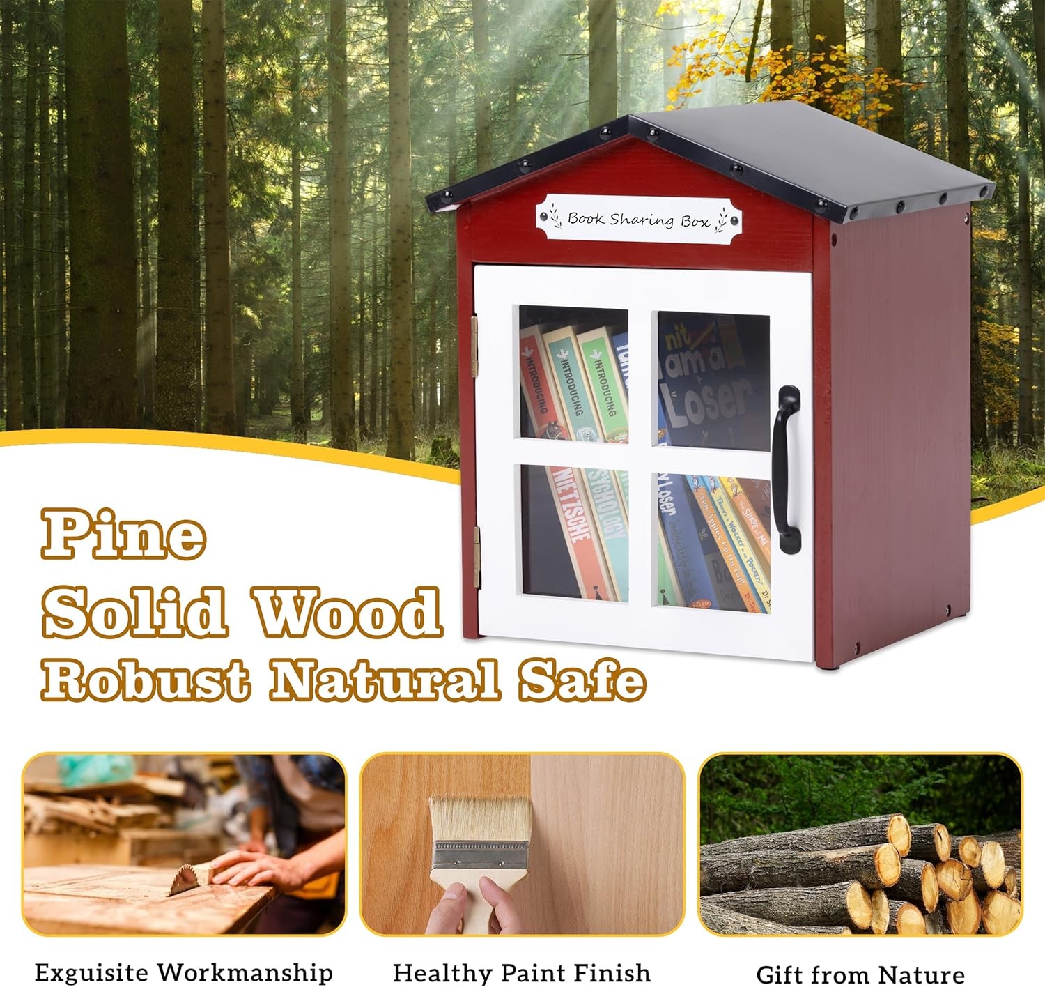 Little Library Box Outdoor: Natural Wood Free Library with Reinforced Waterproof