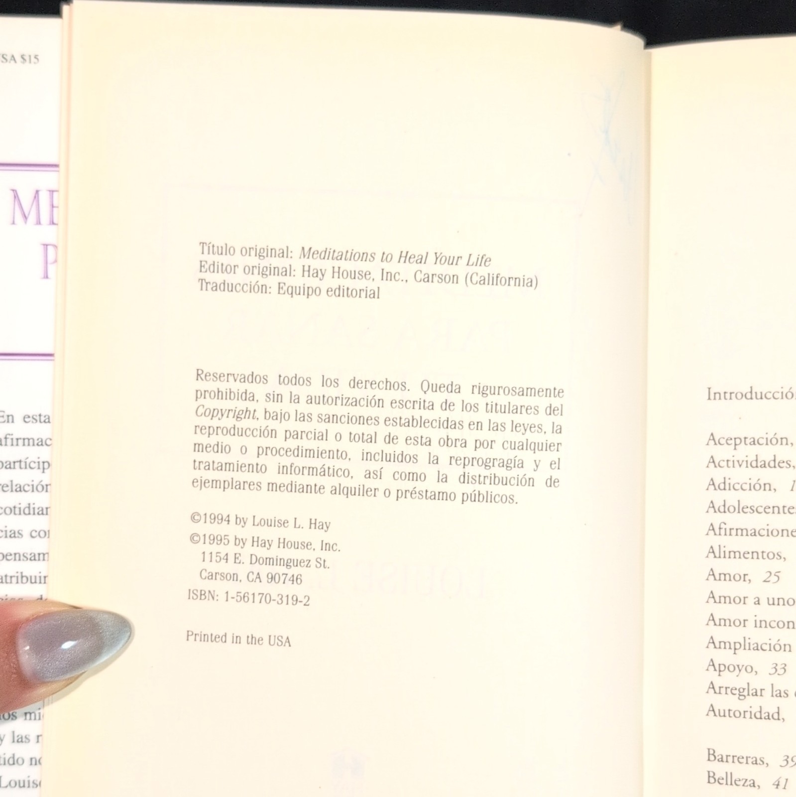 Louise L. Hay Meditaciones Para Sanar Tu Vida 1995 Hardcover Spanish Hay House