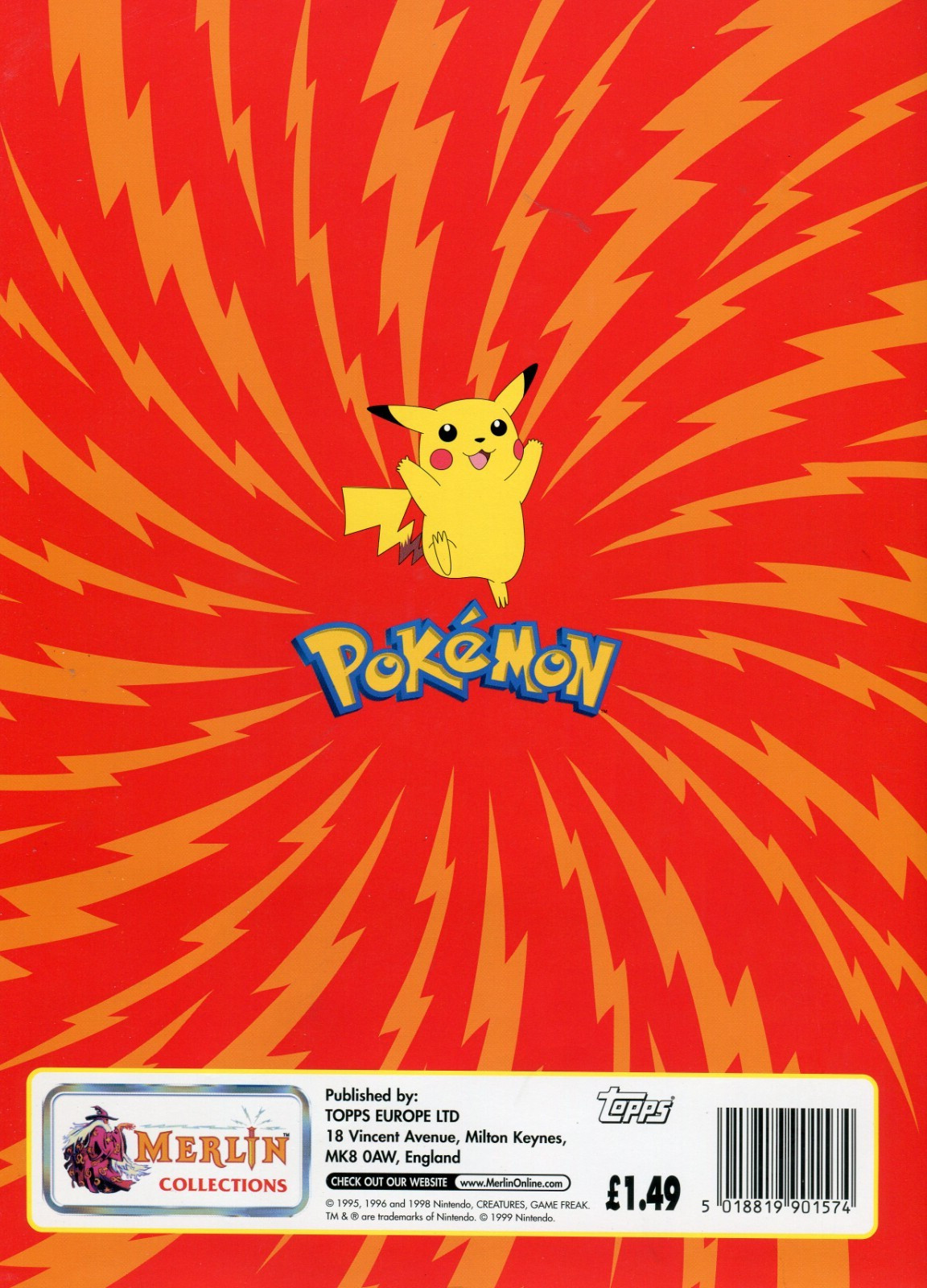 1999 Topps Merlin Pokemon Sticker Album Book Ash Ketchum & Pikachu w/ Poster!