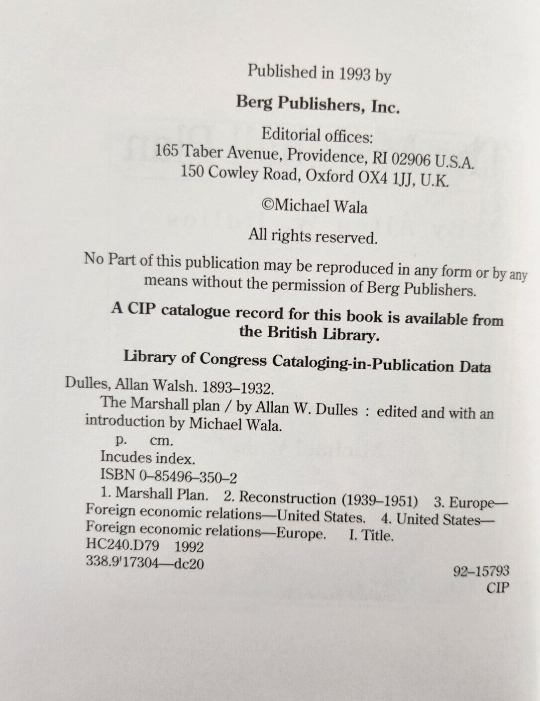Marshall Plan 1993 Hardcover by Michael Wala Berg Publishing ISBN – 0854963502