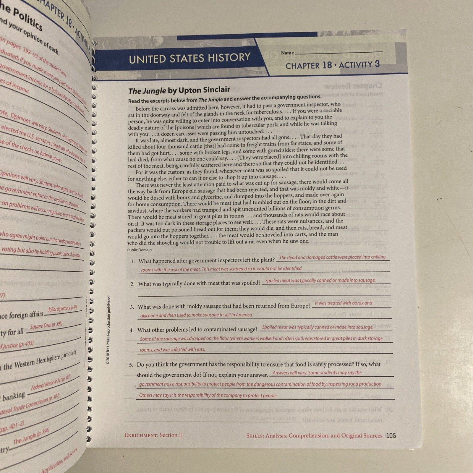 BJU Press United States History Student Activity & Answer Key No Writing
