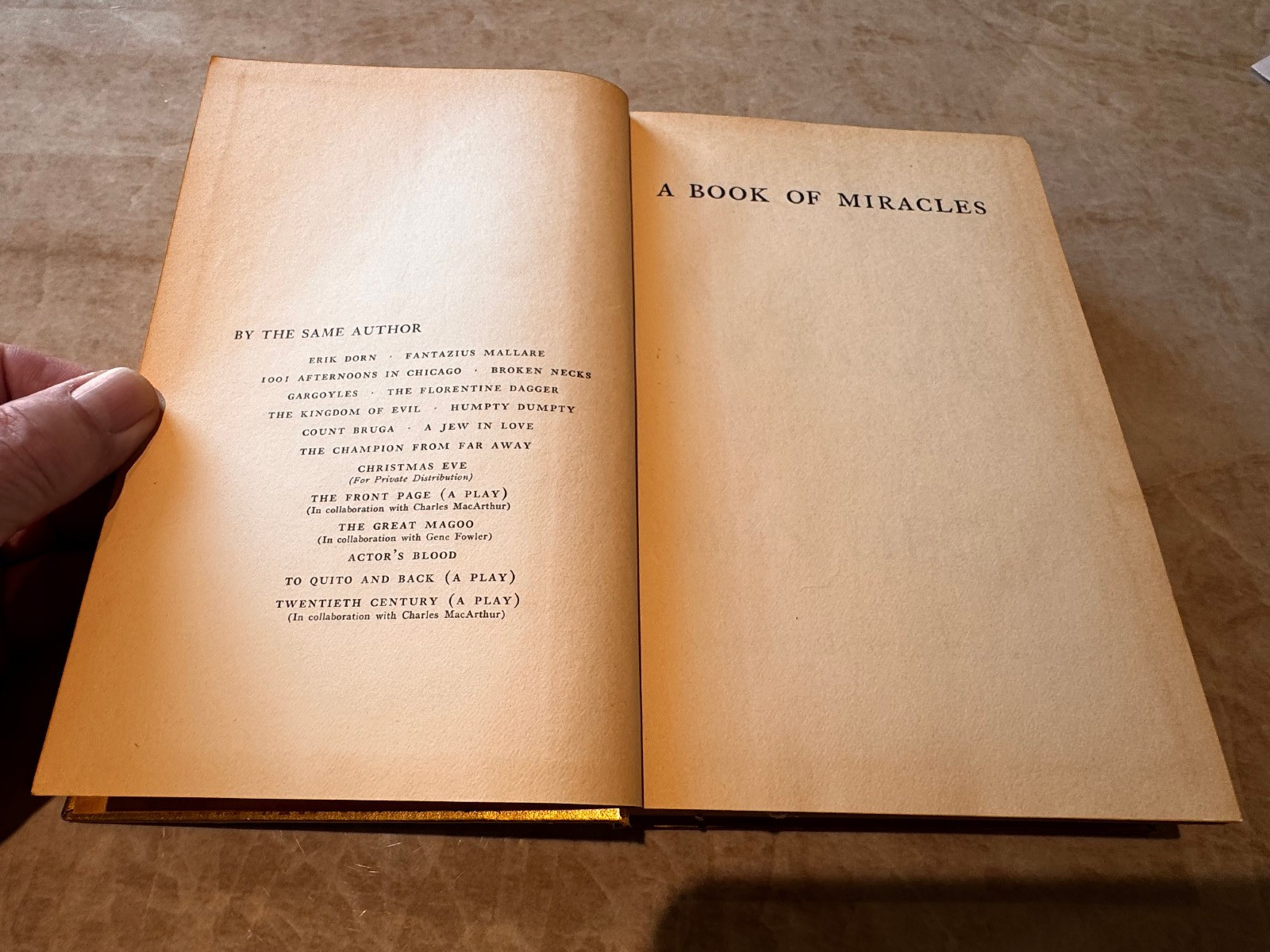 A Book of Miracles by Ben Hecht (1939, HC) Viking Press First Edition