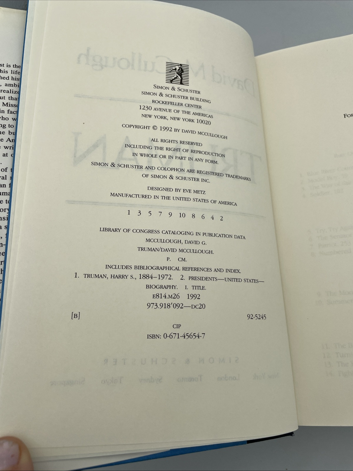 Truman David McCullough. First Edition First Print HCDJ 1992