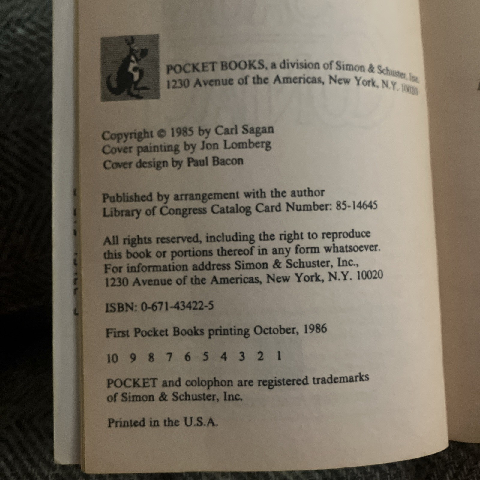 Contact Carl Sagan Paperback 1st Pocket book printing (October 1986)