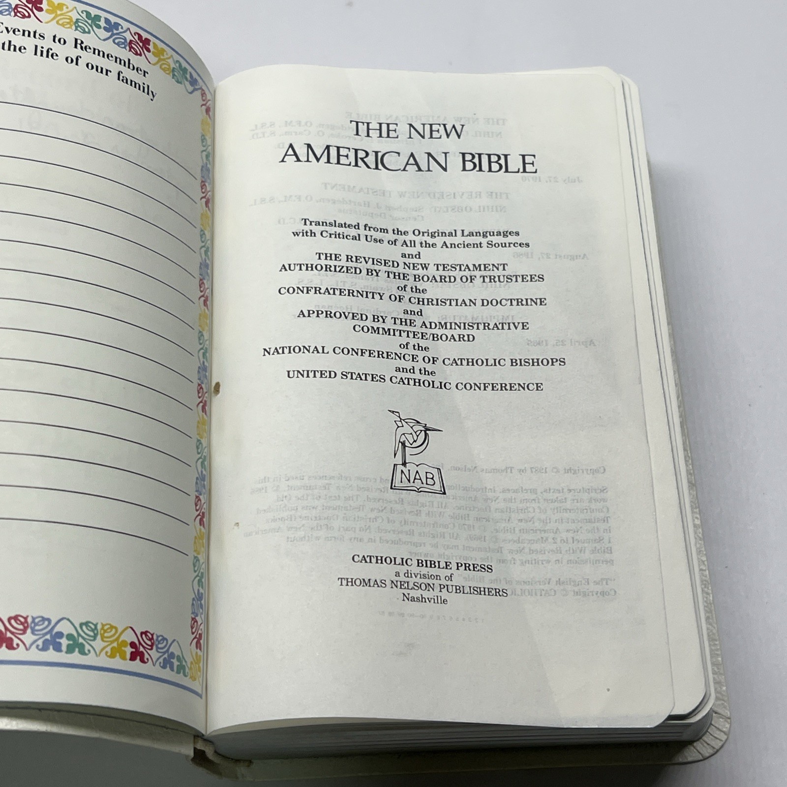 Holy Bible New American Catholic Press 1987 Thomas Nelson NAB 9033W White