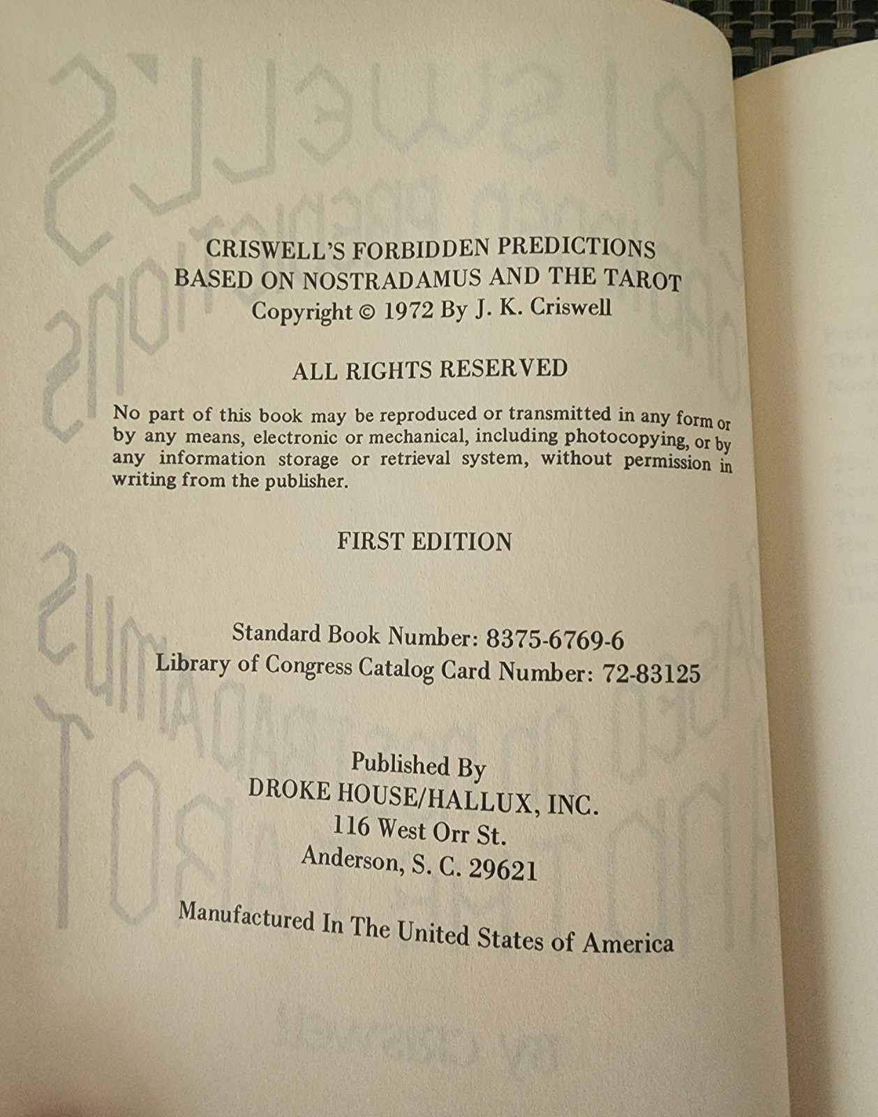 Criswell’s Forbidden Predictions Nostradamus Tarot 1972 First Edition DJ