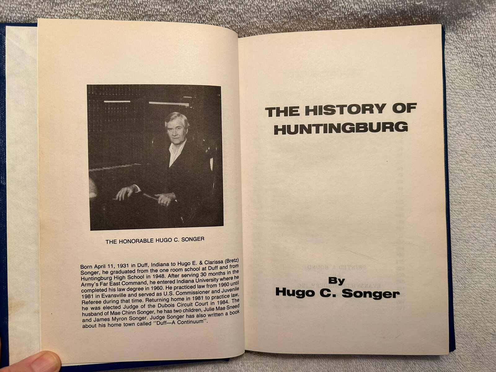 Vtg. Book History Of Huntingburg IN 1987 By Hugo C. Songer 288 Pages Illustrated