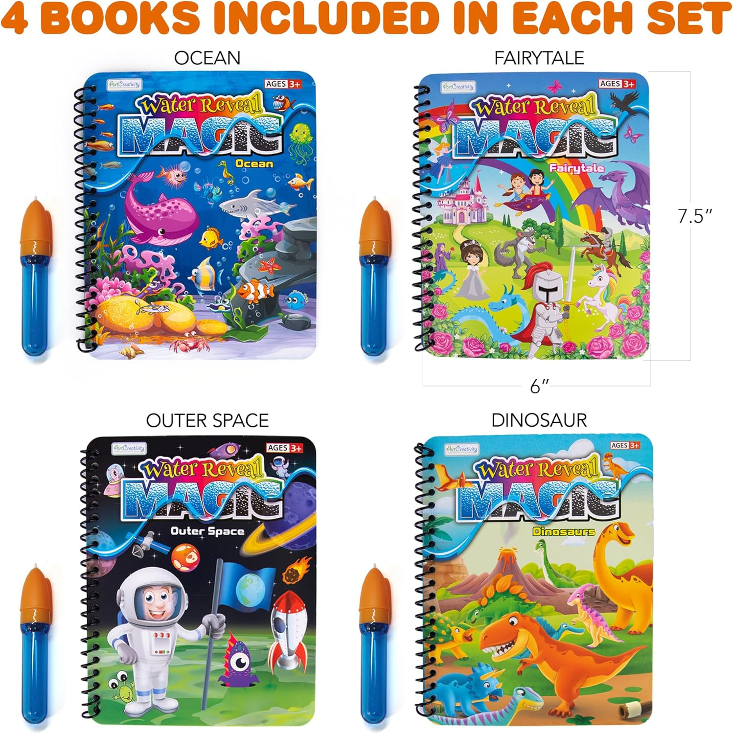 Artcreativity 4 Pack Magic Water Coloring Books for Toddlers, Reusable Magic Wat