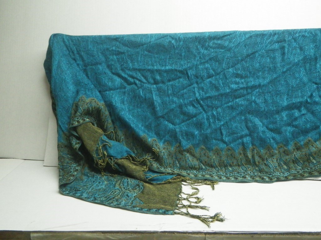 Unbranded Used Teal Tapestry Scarf With Fringe Details Blue Gold Rich Colorful