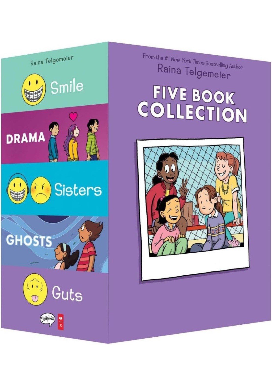 Raina Telgemeier Collection 5 Books Set (Sisters, Drama, Smile, Ghosts, Guts.