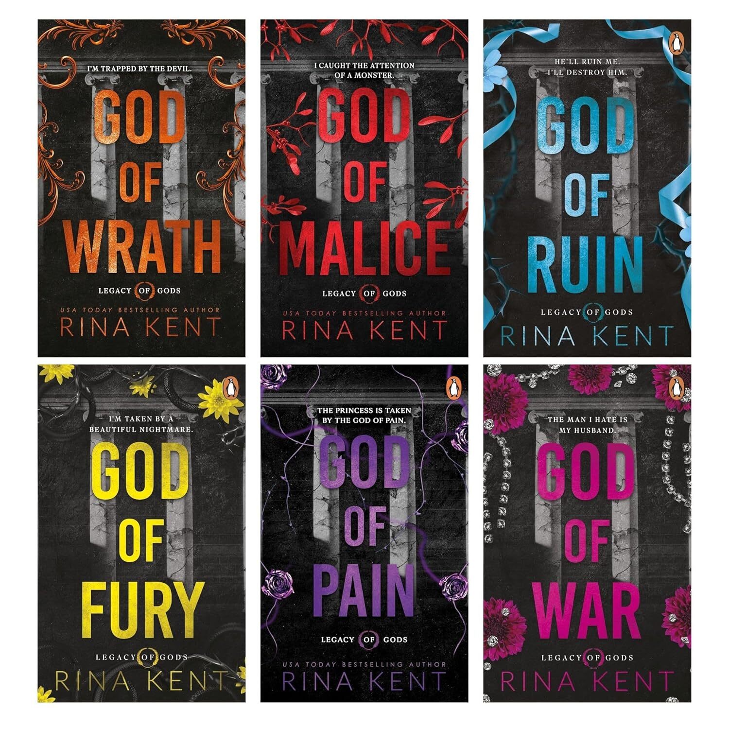 Legacy of Gods Series 6 Books Set by Rina Kent (Malice,Pain,Wrath,Ruin,Fury,War)
