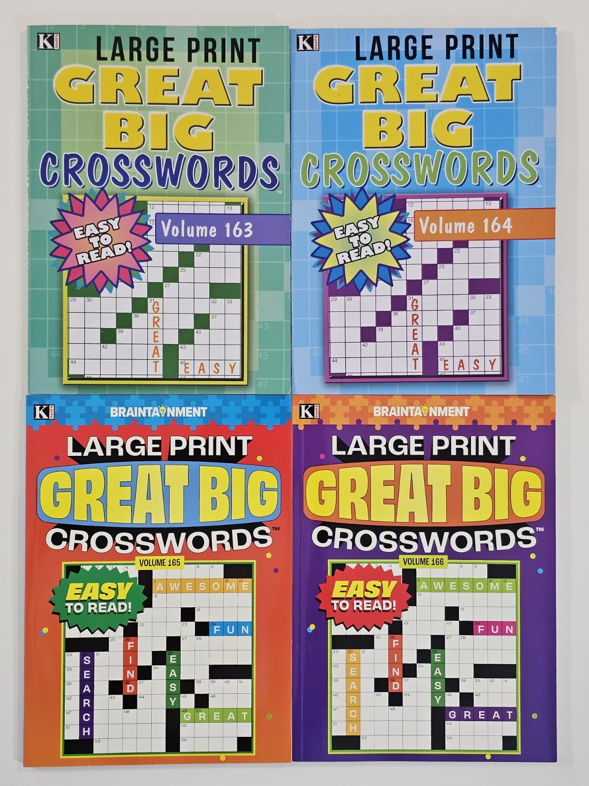 New 4 Large Print Great Big Crosswords Kappa Puzzle Books Vol#163-166 Fun Hobby