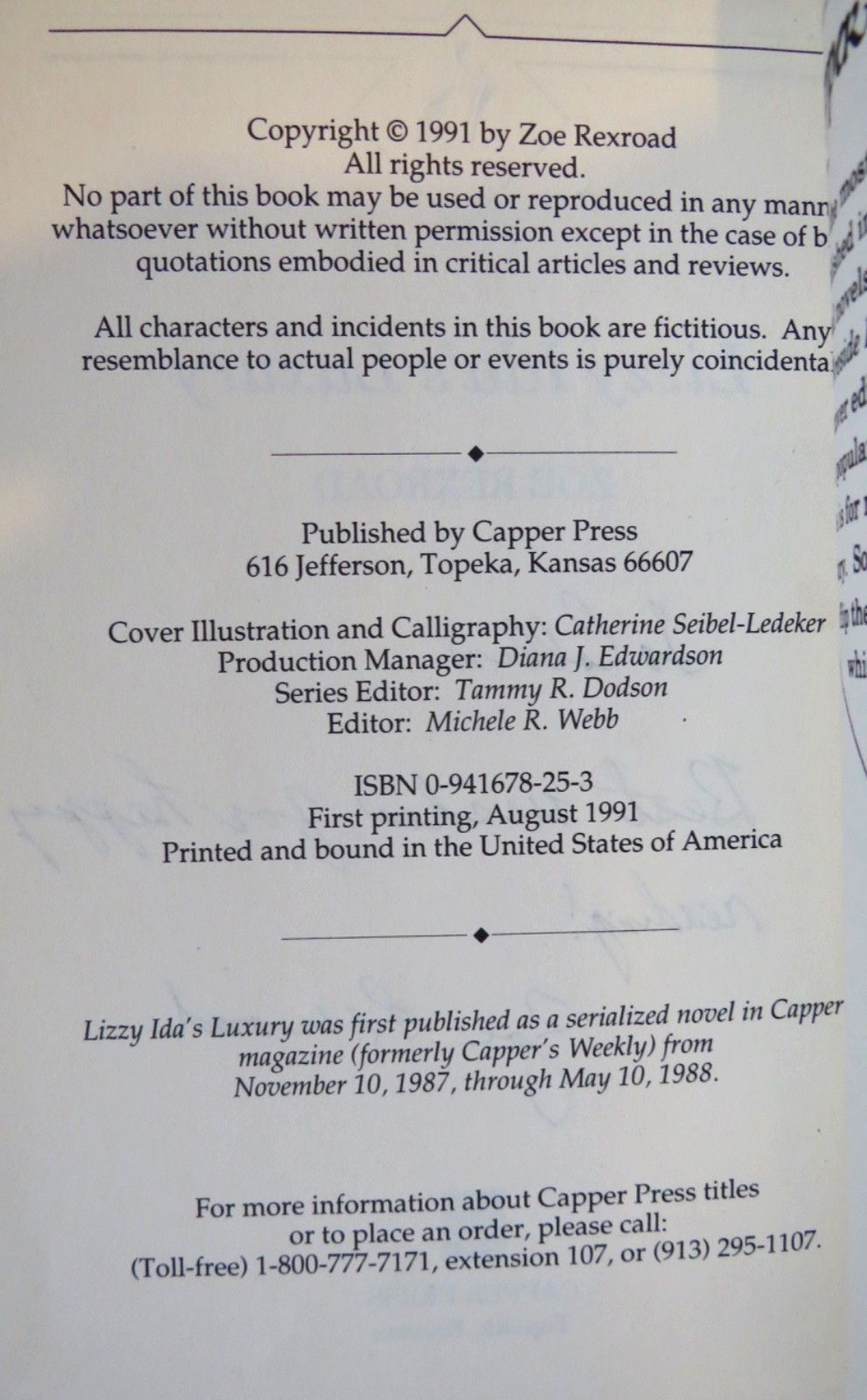 LIZZY IDA’S LUXURY Zoe Rexroad SIGNED 1991 1st Edition Paperback Capper Press