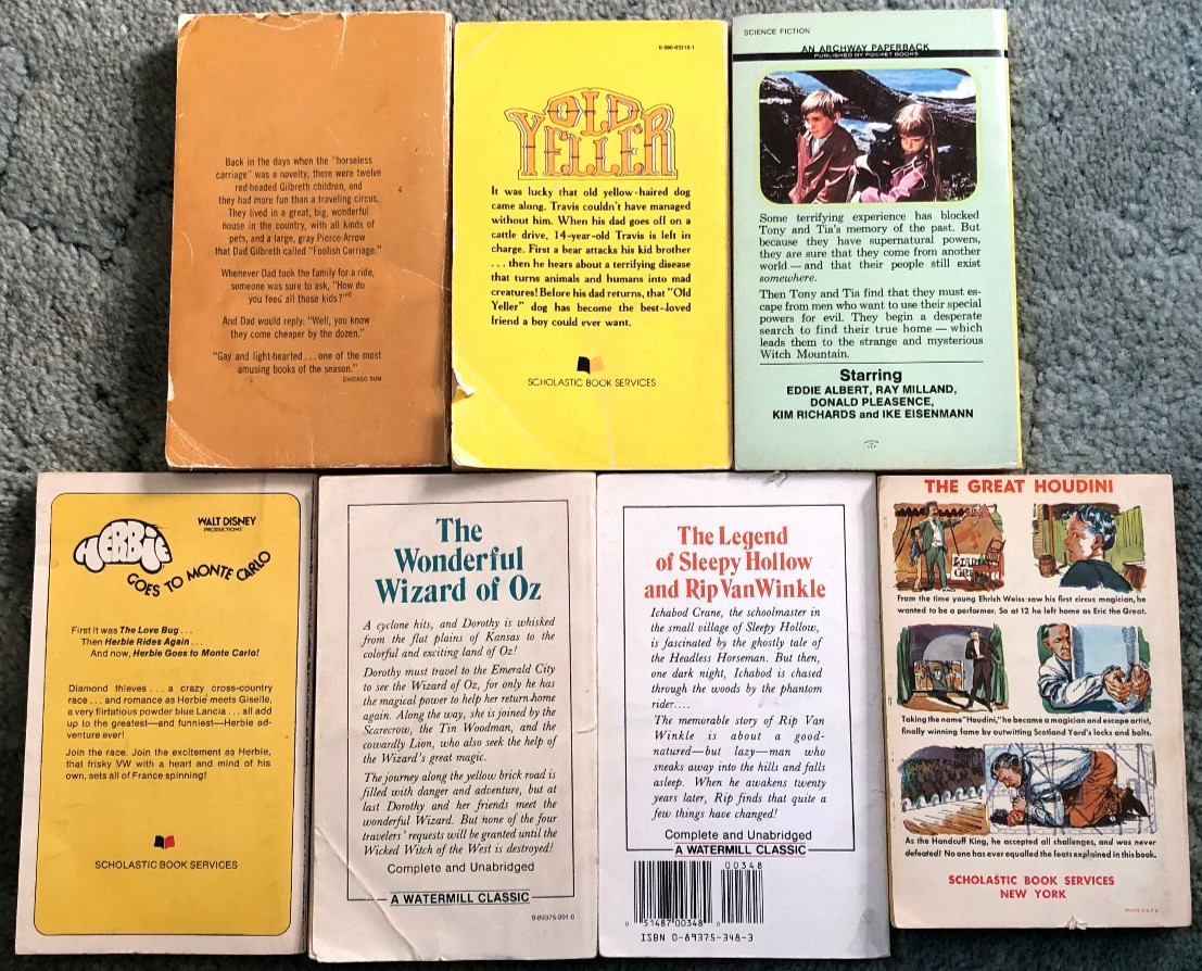 Vintage Kids books, lot of 7, Herbie, Old Yeller, Wizard of Oz, Great Houdini