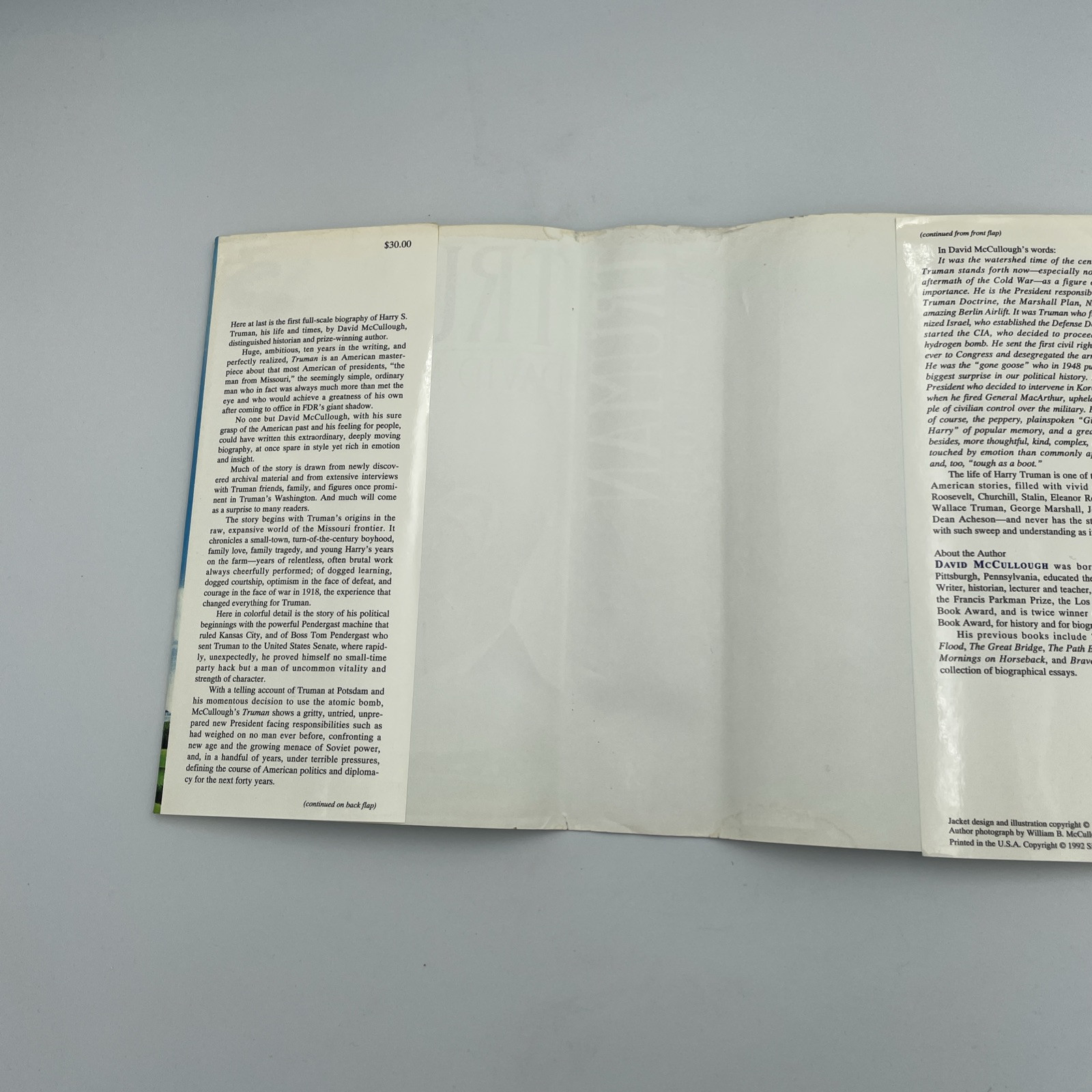 Truman David McCullough. First Edition First Print HCDJ 1992