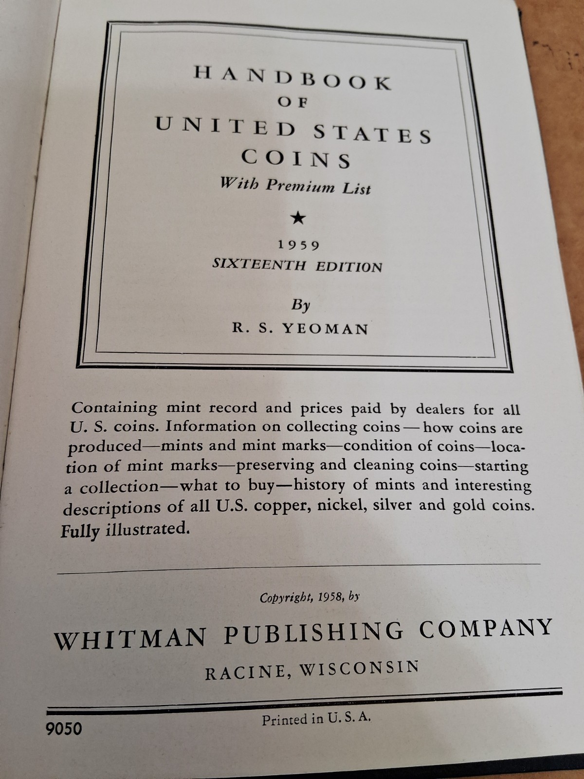 Blue Book – Handbook of United States Coins – 16th Edition *1959 w/Premium Lists